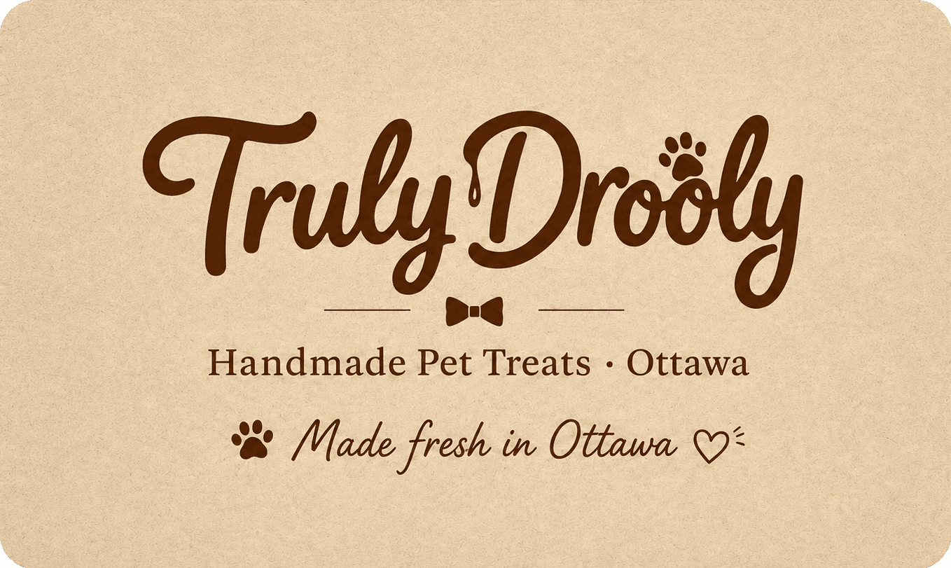 Truly Drooly kraft brand card reading Handmade Pet Treats, made fresh in Ottawa