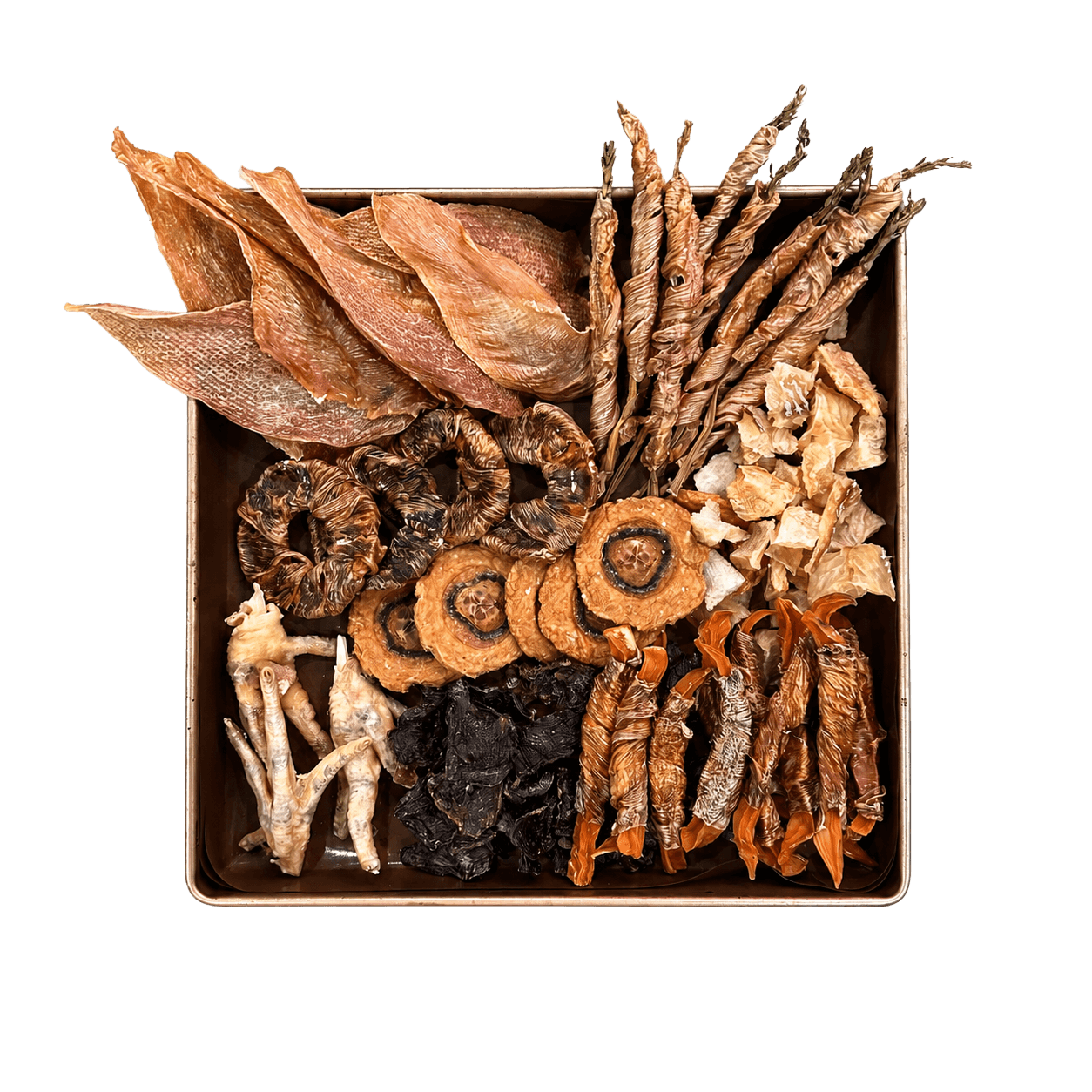 Top-down view of a Truly Drooly tasting tray filled with eight kinds of handmade treats